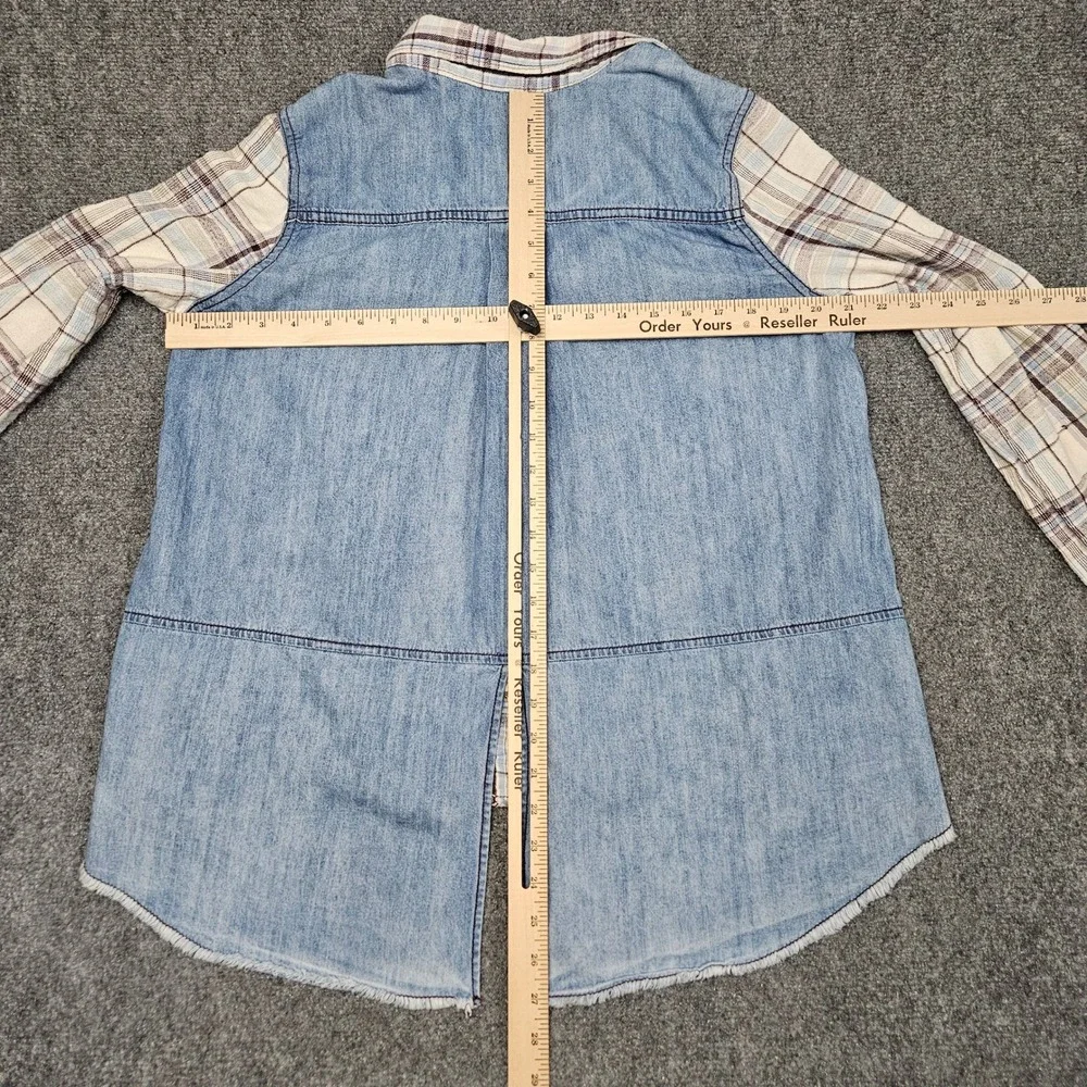 Free People Plaid Denim Back Shirt Medium Cream Blue‎ Patchwork Grunge 2010s